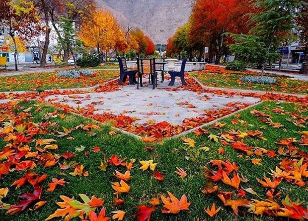 نقش و نگار پائیز زیبای طاق‌بستان بر تابلوی بارانی طبیعت