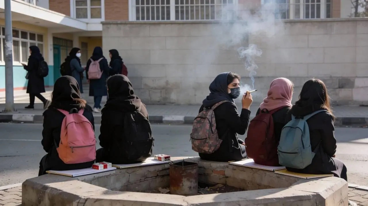 عادی شدن سیگار کشیدن دختران نوجوان جلوی مدرسه